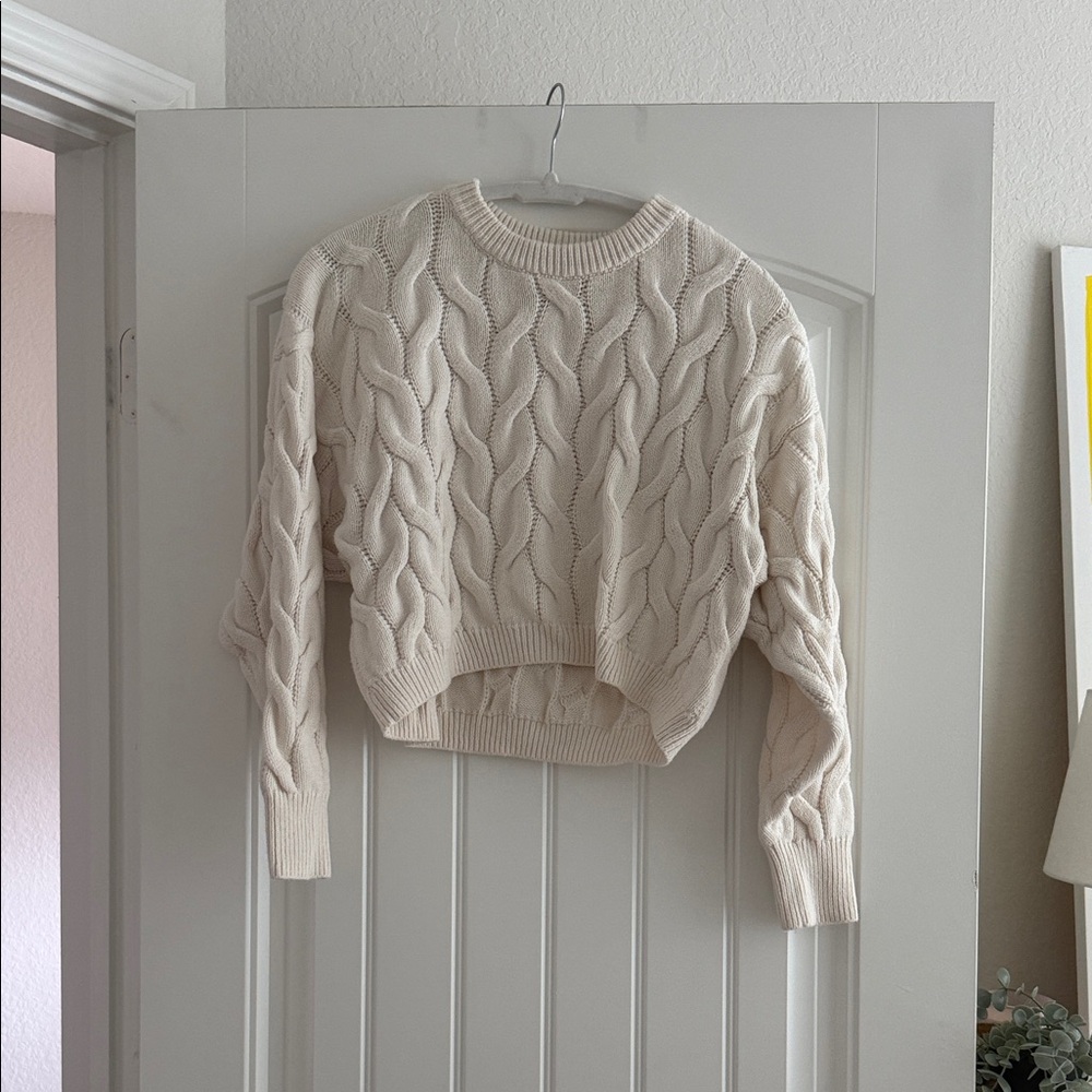 Pink Rose Cream Cable Knit Crop Crewneck Sweater